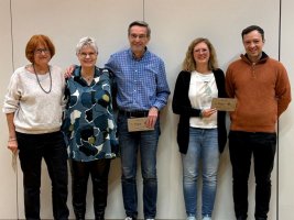 Das Podest im Eröffnungspaarturnier: Lieselotte Grass (Platz 2, es fehlt Reinhard Möller), Claudia und Ingo Lüßmann (Platz 1) und Katrin Schulte - Stefan Weber (Platz 2)